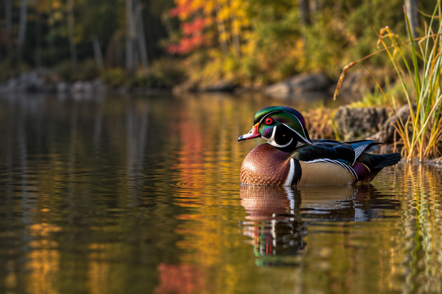 Male wood duck resting on the edge of a pond in autumn.